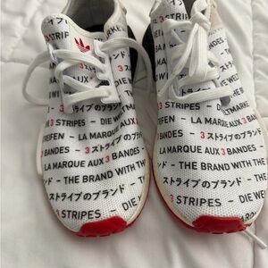 adidas White Knit Kids Sneakers with Red Accents and Black Print